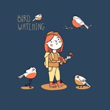 Young girl bird watching. Birding and ornithology concept clipart
