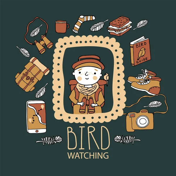Kinder beobachten Vogelbeobachtung. Vogelschutz- und Ornithologiekonzept — Stockvektor
