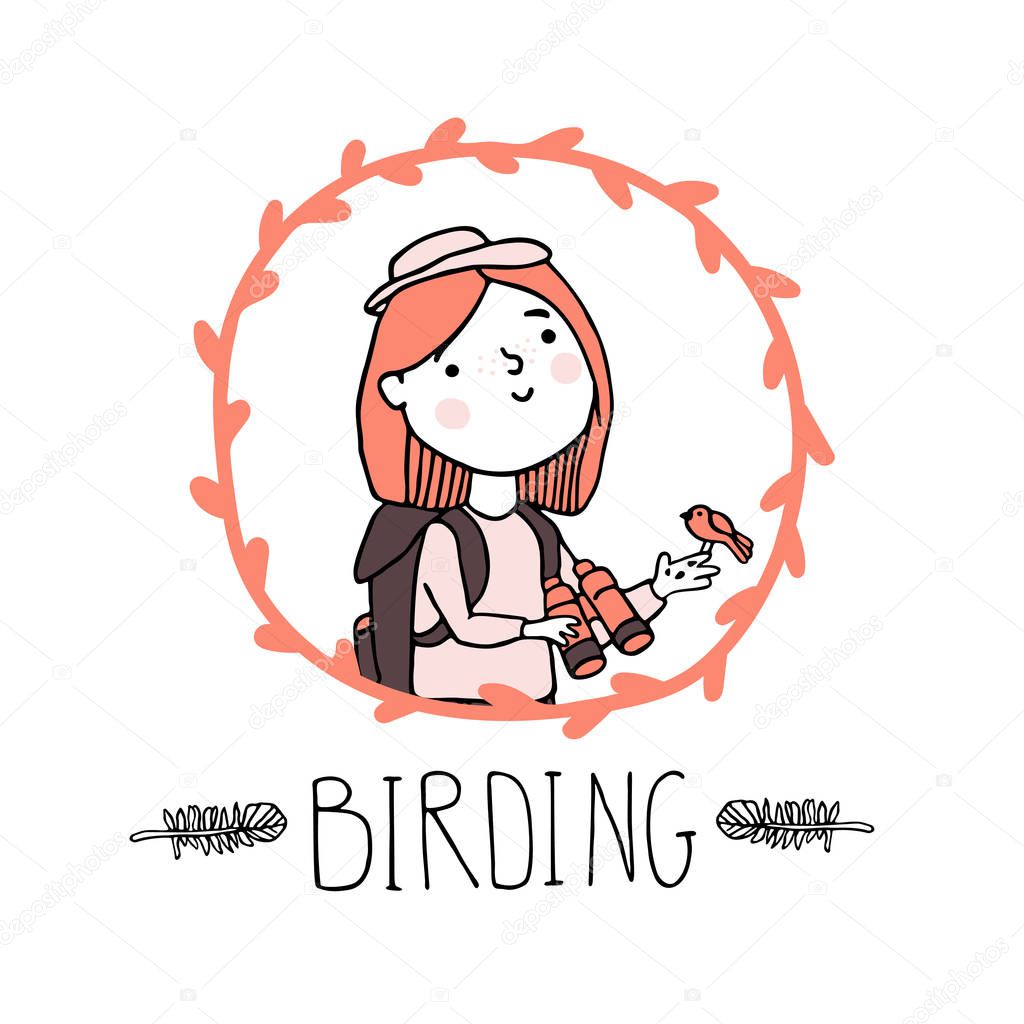 Young girl bird watching. Birding and ornithology concept