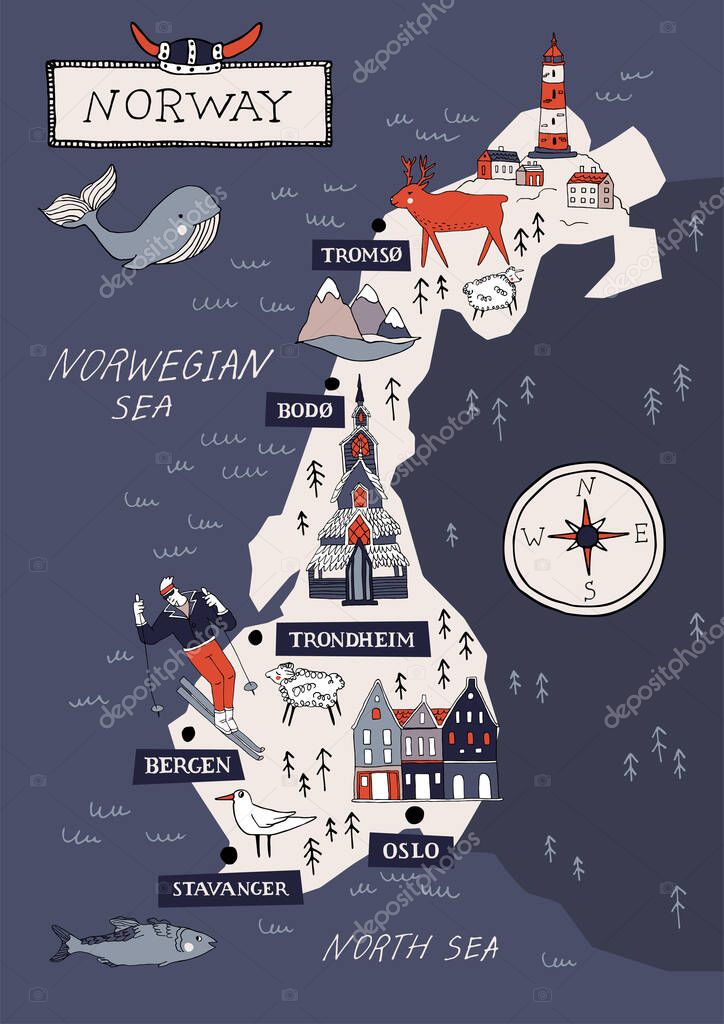 Cartoon Norway vector map. Travel Scandinavia concept