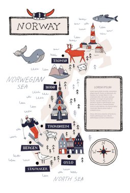 Karikatür Norveç vektör haritası. Seyahat İskandinavya konsepti