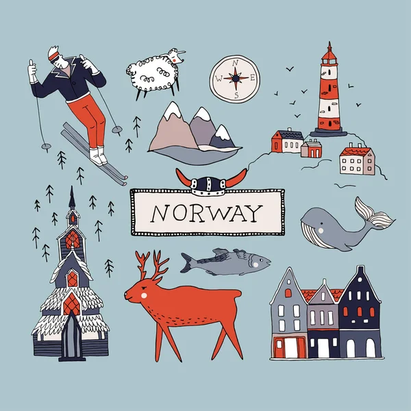 Norvège éléments de culture ensemble. Voyage concept Scandinavie — Image vectorielle