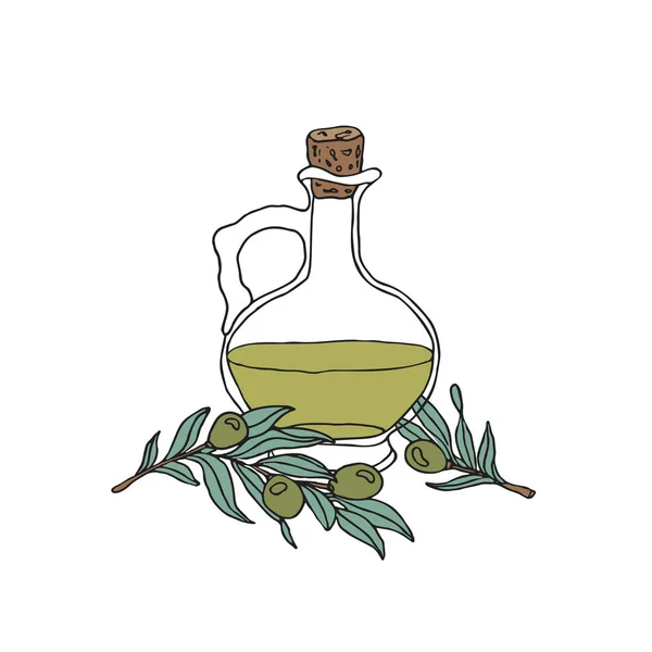 Botella Aceite Oliva Dibujada Mano Con Ramas Oliva Ilustración Vectorial — Archivo Imágenes Vectoriales