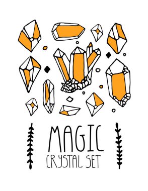 Sihirli kristaller ayarlandı. Cadı konsepti. Cadılık vektör illüstrasyonu pagan çizgi elementleri ile el çizimi biçimi