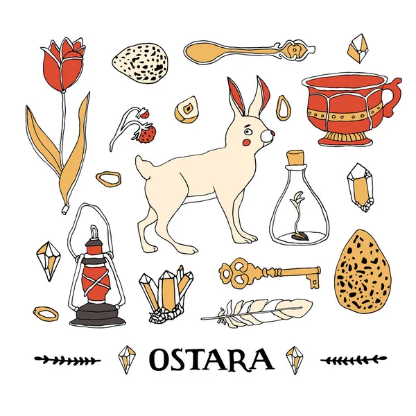 Ostara符号设置 凯尔特历法概念春分元素和手写字母 复活节彩蛋 神奇水晶 郁金香 古老的灯笼 种子和浆果 — 图库矢量图片
