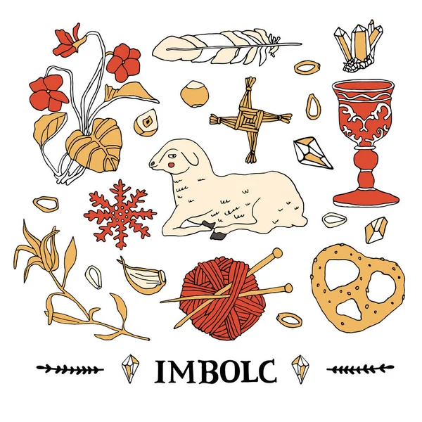シンボルセットを象徴します ケルト暦の概念 ウィッカと魔女の要素 手書きのレタリング ブリジットクロス 羊や中世のゴブレット — ストックベクタ