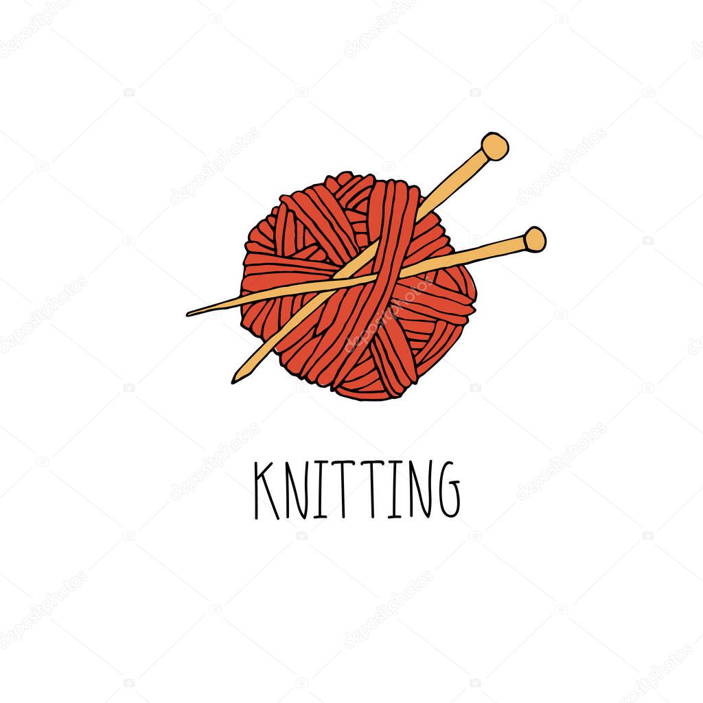Knitting logo design. Crochet icon for hand made knitting shop. Yarn with needles emblem. Hand drawn lettering vector illustration