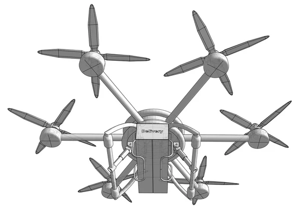 O drone entrega a mercadoria. Ilustração volumétrica do vetor . — Vetor de Stock