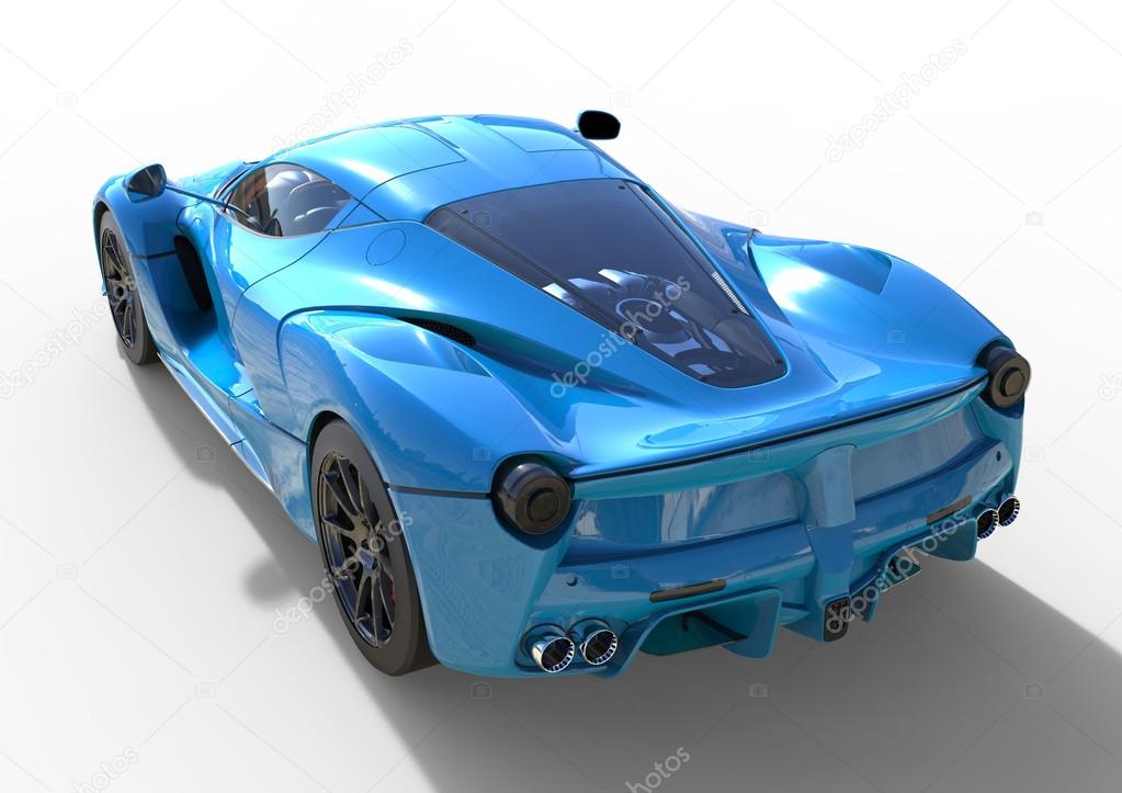 Sports car rear view. The image of a sports blue car on a white background. 3d illustration.