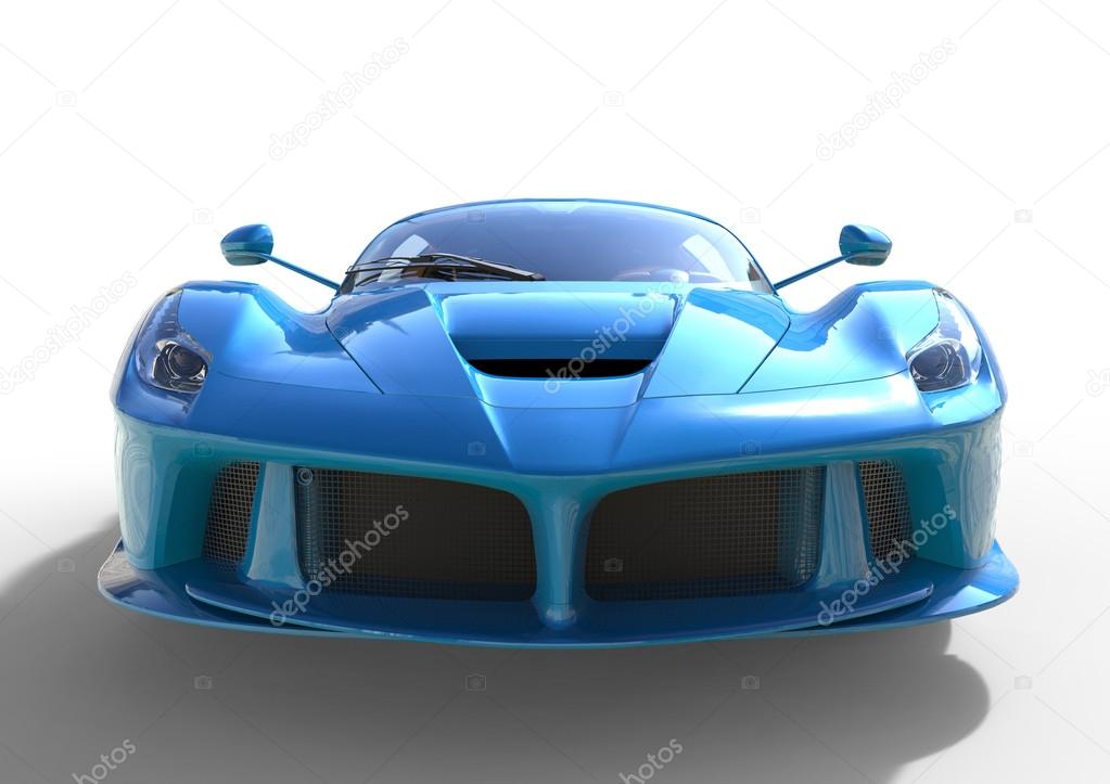 Sports car front view. The image of a sports blue car on a white background. 3d illustration.