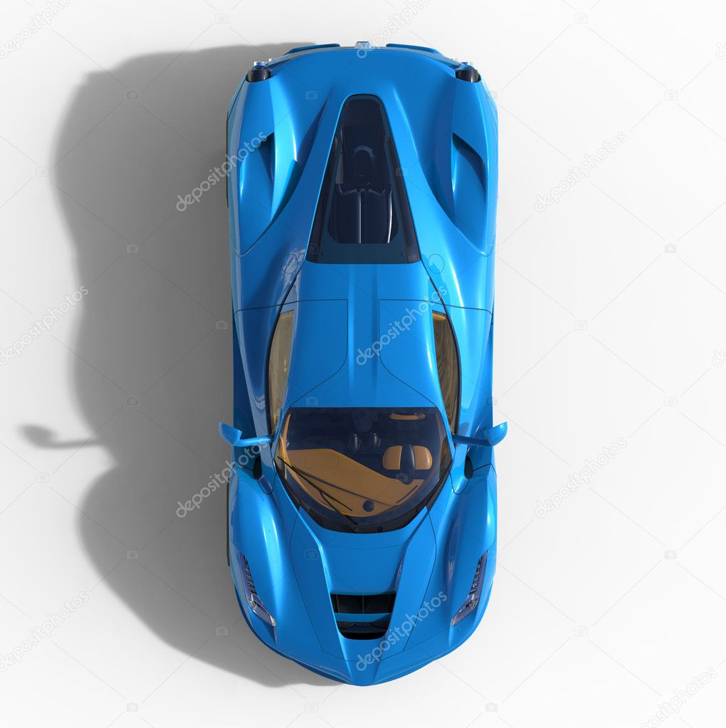 Sports car top view. The image of a sports blue car on a white background. 3d illustration.
