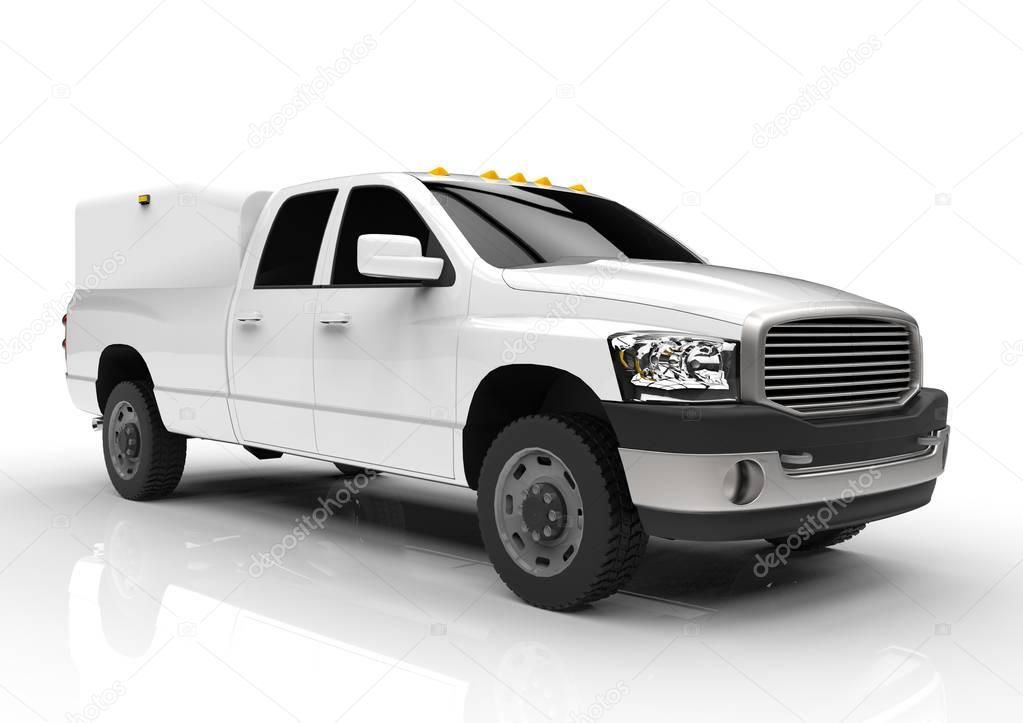 White commercial vehicle delivery truck with a double cab and a van. Machine without insignia with a clean empty body to accommodate your logos and labels.