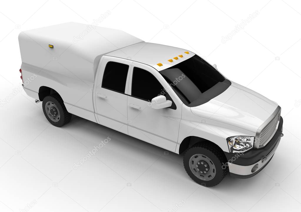 White commercial vehicle delivery truck with a double cab and a van. Machine without insignia with a clean empty body to accommodate your logos and labels.