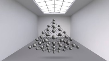 Soyut poligonal nesne asılı. Beyaz oda ile belgili tanımlık kul ortada. Modern sanatın nesneleri için sergi alanı. Sci-Fi nesneler. Yapısal hacimsel kılavuz.