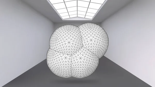 Висячий абстрактный многоугольный объект. Белая комната с объектом посередине. Выставочное пространство для объектов современного искусства. Объекты научной фантастики. Структурная объемная сетка . — стоковый вектор