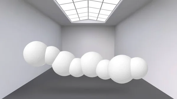 抽象的な多角形オブジェクトをぶら下がっています。途中で件名の白い部屋。近代の美術品の展示スペース。特撮オブジェクト。構造の容積測定のグリッド. — ストックベクタ