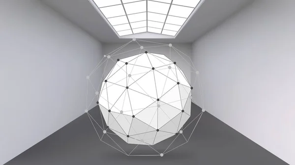 Κρέμονται αφηρημένη πολυγωνικό αντικείμενο. Το λευκό δωμάτιο με θέμα στη μέση. Εκθεσιακός χώρος για τα αντικείμενα της σύγχρονης τέχνης. Sci-Fi αντικείμενα. Δομικό πλέγμα ογκομετρική. — Διανυσματικό Αρχείο