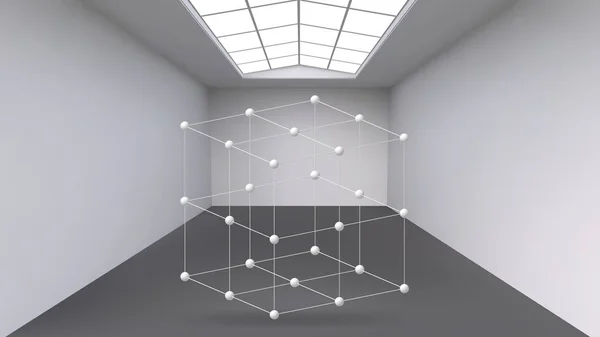 Opknoping abstracte veelhoekige object. De witte kamer met het onderwerp in het midden. Tentoonstellingsruimte voor moderne kunstobjecten. Sci-Fi objecten. Structurele volumetrische raster. — Stockvector