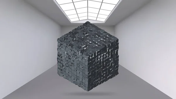 Függesztett absztrakt sokszög alakú tárgy. A fehér szoba középen tárgyát. Kiállítási tér a modern műtárgyak. Sci-Fi objektumok. Strukturális es rács. — Stock Vector