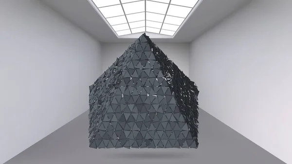 Hängande abstrakta polygonal objektet. White room med motivet i mitten. Utställningsyta för objekt av modern konst. Sci-Fi-objekt. Strukturella volymetriska rutnät. — Stock vektor