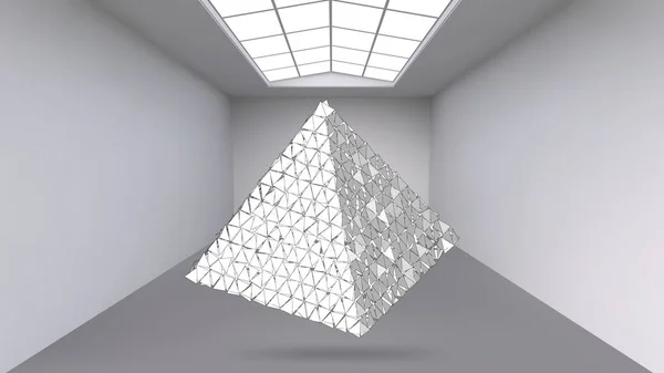 Opknoping abstracte veelhoekige object. De witte kamer met het onderwerp in het midden. Tentoonstellingsruimte voor moderne kunstobjecten. Sci-Fi objecten. Structurele volumetrische raster. — Stockvector