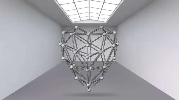 Objeto poligonal abstracto colgante. La habitación blanca con el sujeto en el medio. Espacio de exposición para objetos de arte moderno. Objetos de ciencia ficción. Rejilla volumétrica estructural . — Vector de stock