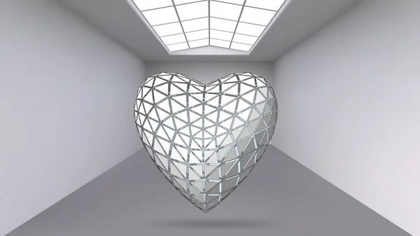 Předsazení abstraktní polygonální objekt. Bílá místnost s předmětem ve středu. Výstavní prostor pro předměty moderního umění. Objekty, sci-Fi. Strukturální odměrné mřížka. — Stockový vektor
