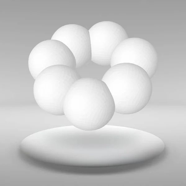 Balle suspendue faite de beaucoup de petits polygones dans la grande pièce vide. L'espace d'exposition est l'objet abstrait à forme sphérique . — Image vectorielle