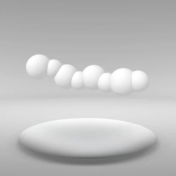 Balle suspendue faite de beaucoup de petits polygones dans la grande pièce vide. L'espace d'exposition est l'objet abstrait à forme sphérique . — Image vectorielle