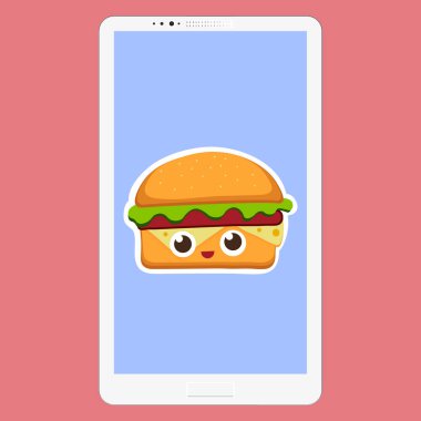 Hamburger vektör çizim düz çizgi film tarzı ile smartphone. Fast food ekranın arka planda. Hamburger ifade karakterleri yüz eğlenceli. Resimde eps 10 tasarımınız için vektör.