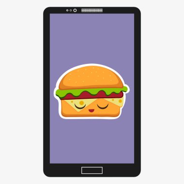 Hamburger vektör çizim düz çizgi film tarzı ile smartphone. Fast food ekranın arka planda. Hamburger ifade karakterleri yüz eğlenceli. Resimde eps 10 tasarımınız için vektör.