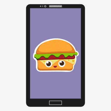Hamburger vektör çizim düz çizgi film tarzı ile smartphone. Fast food ekranın arka planda. Hamburger ifade karakterleri yüz eğlenceli. Resimde eps 10 tasarımınız için vektör.