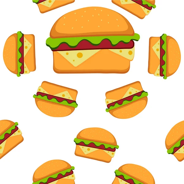Hamburguesa patrón vector ilustración en estilo plano. Fondo sin costuras de comida rápida. Ilustración vectorial eps 10 para su diseño . — Vector de stock