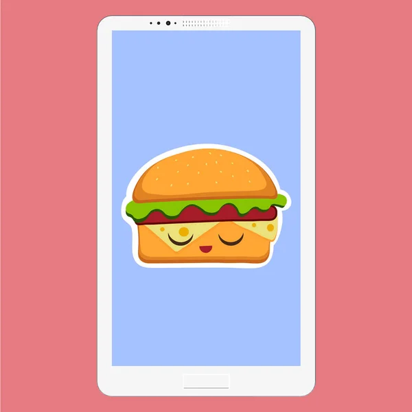 汉堡包矢量插图中平卡通风格的智能手机。快餐在屏幕的背景。汉堡的图释字符有趣的脸。矢量图 eps 10 为您的设计. — 图库矢量图片