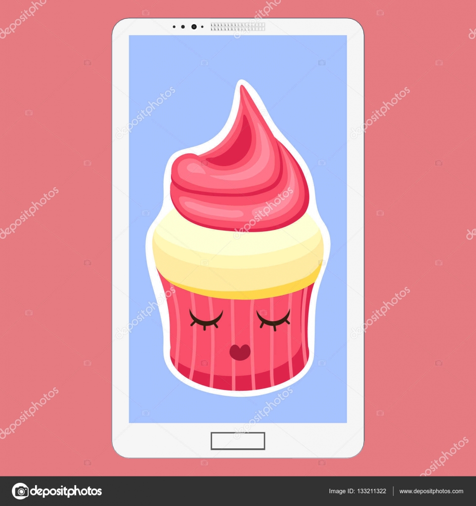 Smartphone con Cupcake in stile cartone animato piatto Divertimento di fragola Muffin emoticon personaggi affrontare