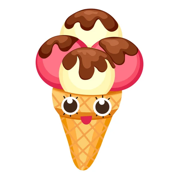 Ice Cream in platte cartoon stijl. Vector illustratie eps 10. Achtergrond van aardbei en vanille ijs dessert emoticon tekens leuk gezicht. — Stockvector