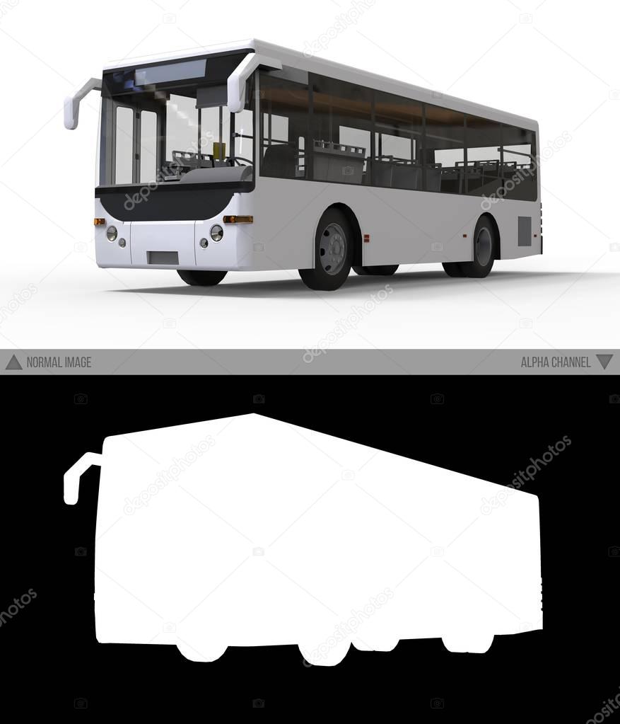 Small urban white bus on a white background with separate alpha channel. 3d rendering.