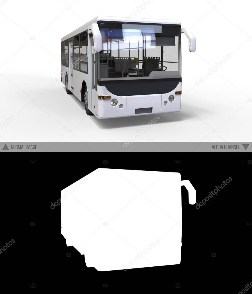 Small urban white bus on a white background with separate alpha channel. 3d rendering.