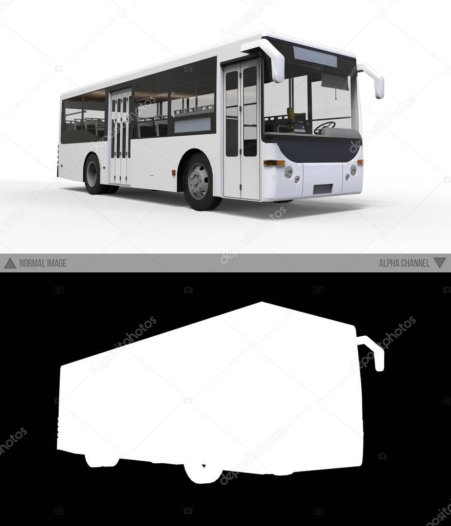 Small urban white bus on a white background with separate alpha channel. 3d rendering.