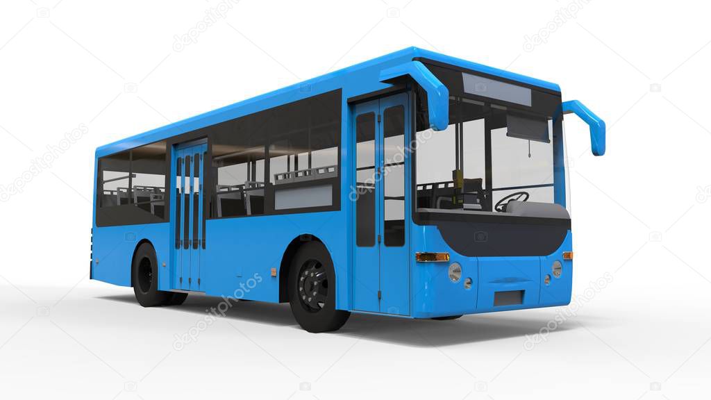 Small urban blue bus on a white background. 3d rendering.