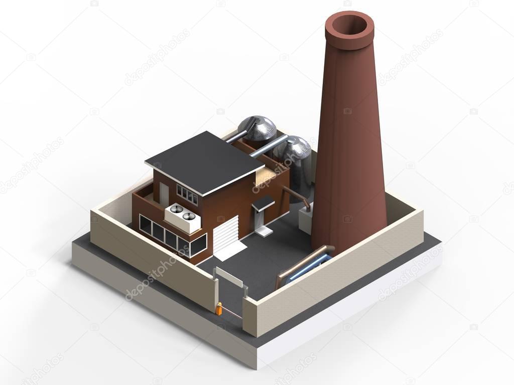 Illustrations in isometric view. Isometric icon representing factory building with a pipe, cisternae, fence with a barrier. 3d rendering.