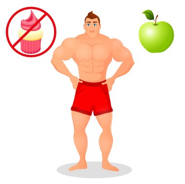 Fitness kavramı ile spor vücut geliştirmeci adam. Kas Fitness modelleri. Mens fiziksel atlet. Yararlı ve zararlı gıda. Beyaz arka plan üzerinde izole vektör çizim.