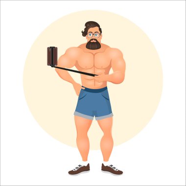 Hipster adam selfie selfie sopayla yapma. Adam yapıyor fotoğraf ile smartphone. Moda düz çizgi film illüstrasyon. Beyaz arka plan üzerinde izole vektör eps 10.