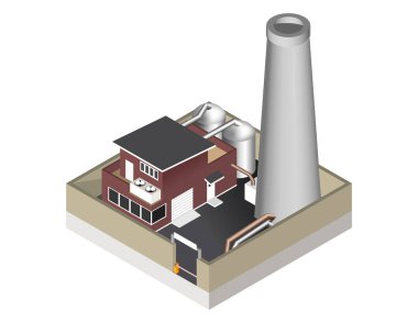 Beyaz arka plan üzerinde izole vektör çizim. Fabrika Binası ile bir boru, cisternae, çit bir engel ile gösteren izometrik simge.