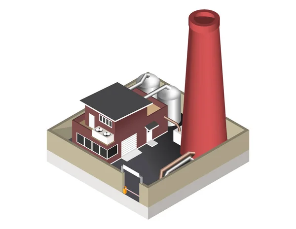 Ilustración vectorial aislada sobre fondo blanco. Icono isométrico que representa el edificio de la fábrica con una tubería, cisternas, cerca con una barrera . — Vector de stock