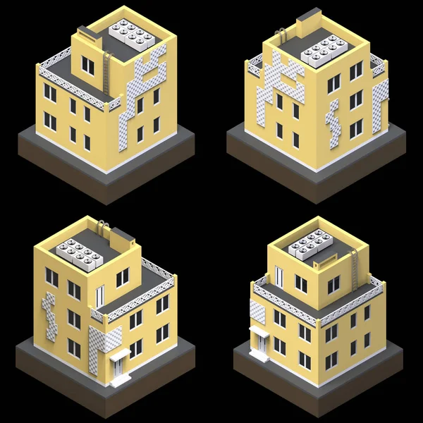 Kamienica w małej platformie na białym tle żółty. Raster 3d ilustracja widoku perspektywicznego. Zestaw 4 rodzaje domów ze wszystkich stron. renderowania 3D. — Zdjęcie stockowe