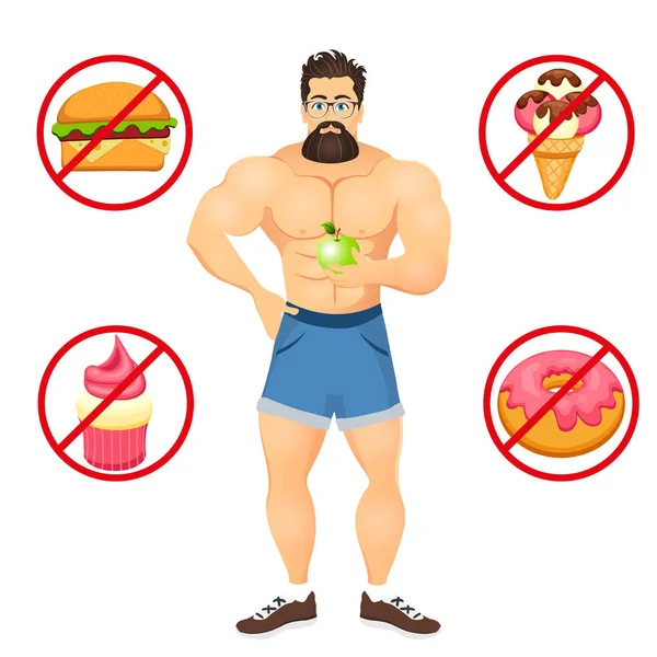 Fitness concept with sport bodybuilder Bearded Hipster with glasses. Muscular Fitness models. Useful and harmful food. Vector illustration isolated on white background. — Stock Vector