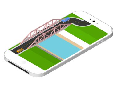 İzometrik köprü nehir ayakta smartphone ekranında bir yol ile. Beyaz arka plan üzerinde izole vektör çizim.