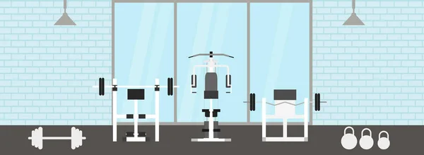 Fitness Spor salonu iç şablonu spor aletleri ve kardiyo ekipmanları, egzersiz bisikleti, koşu bandı, eliptik. Fitness kavramı ile düz stil Spor Kulübü. — Stok Vektör