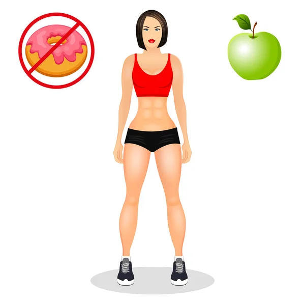 Concept with fit young woman in sportswear. Beautiful sports girl. Useful and harmful food. Vector illustration isolated on white background. — Stock Vector